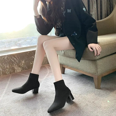 Stretch  Sock Boots For Women Shoes Square Heel Yellow Knitting shoes Elastic Cottton Boots Lady Footwear