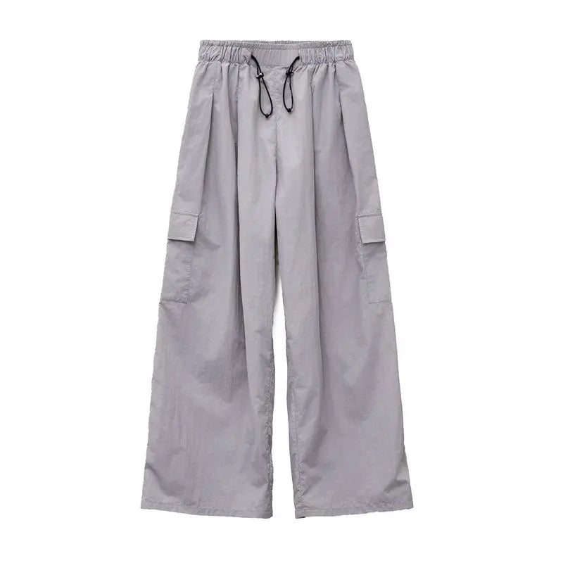 Maden Outdoor Lightweight Quick-Dry Cargo Pants Women Summer Elastic Waist Parachute Pants Pockets Solid Color Straight Trousers