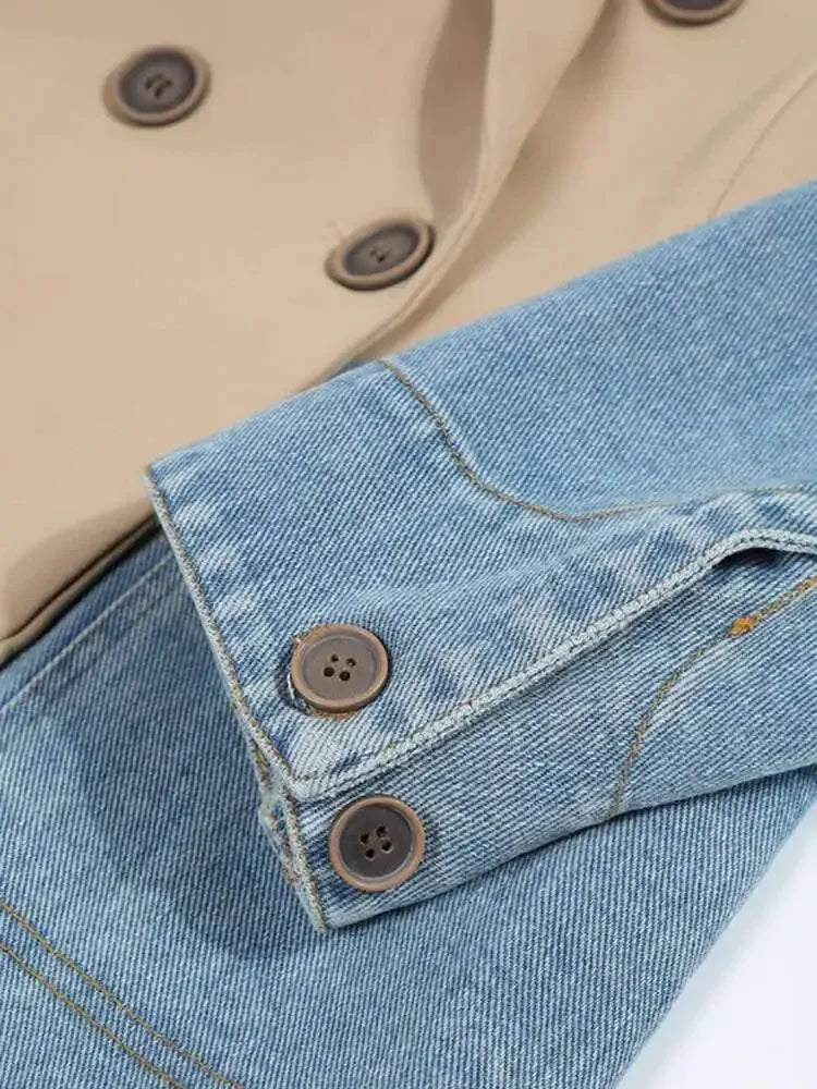 DEAT Women's Blazer Notched Collar Patchwork Denim Long Sleeve Khaki Long Sleeve Suit Coat  2024 Summer New Fashion  29L1530