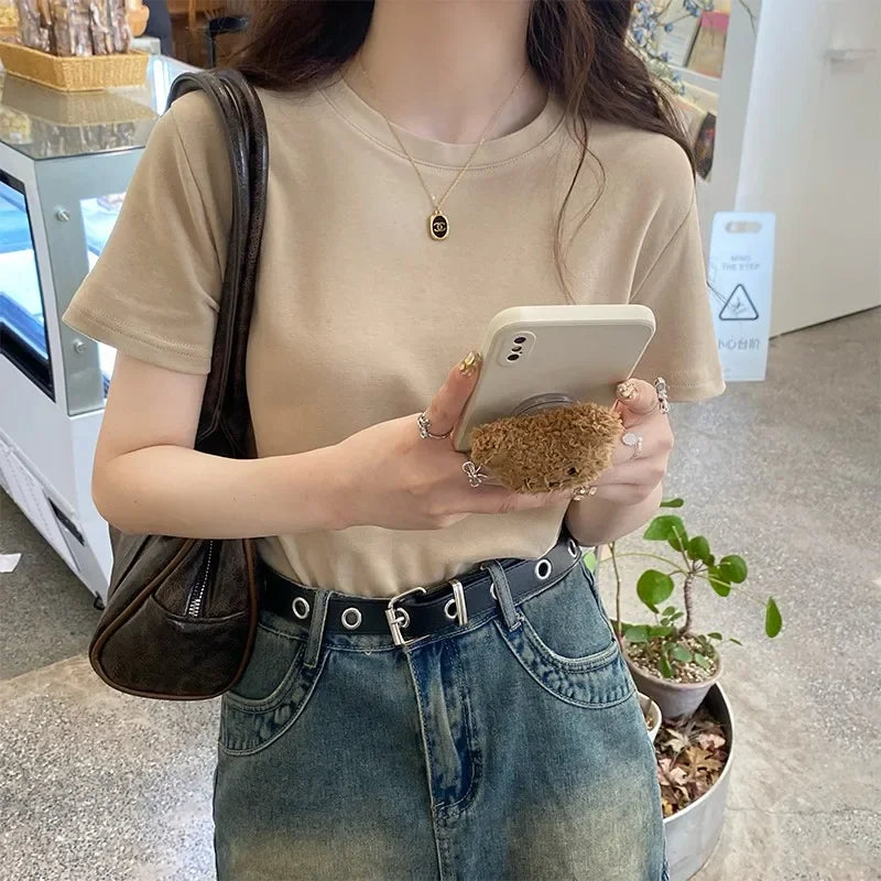 Oversized Summer T Shirts For Women Men Brown Casual Female Korean Streetwear Tees Unisex Basic Solid Young Cool Tops 2025