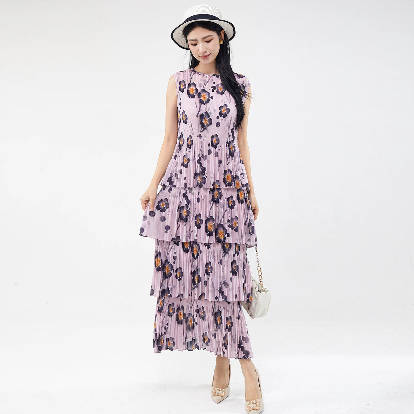 Women Dresses For Summer 2025 Miyake Pleated Dress Summer Fashion Holiday Style Printed Stretch Cake Dress
