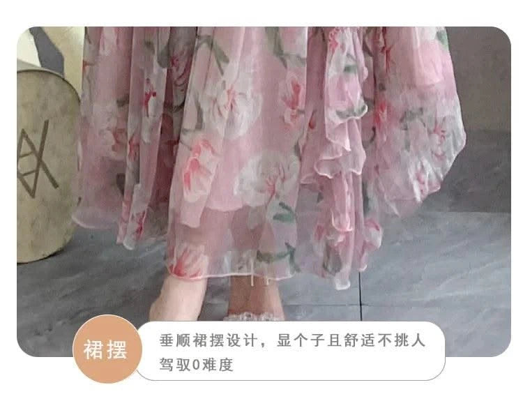 Women Sexy Off Shoulder V Neck Floral Print Dress Summer Gorgeous Flower Pink Chiffon Cascading Ruffles Evening Party Prom Robe