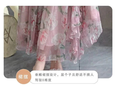 Women Sexy Off Shoulder V Neck Floral Print Dress Summer Gorgeous Flower Pink Chiffon Cascading Ruffles Evening Party Prom Robe