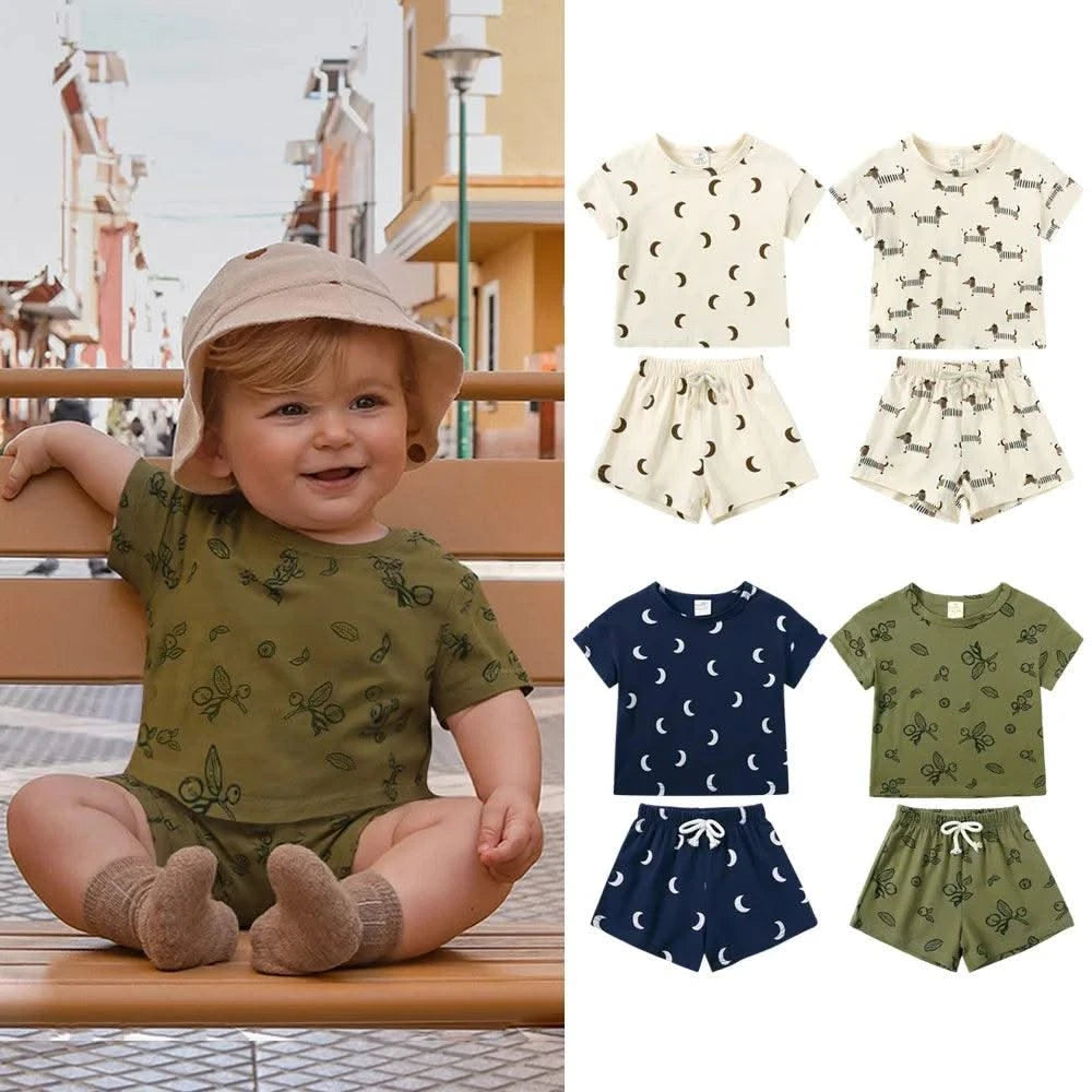 Summer Kids Clothes Boys Outfit Set Cartoon Print Cotton Short Sleeve Tops Shorts 2 Pcs Fashion Children Clothing 1-3 Years
