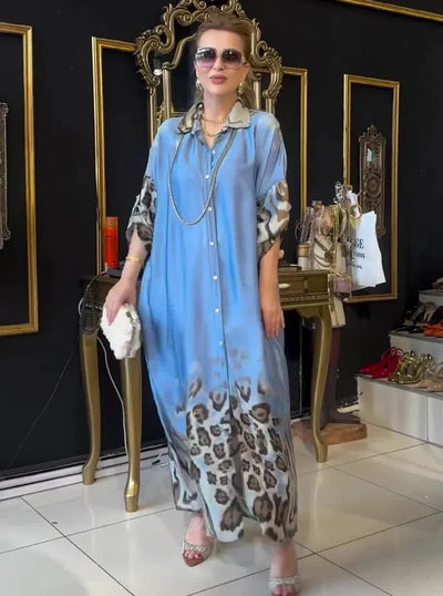 Leopard Print Dress Women Autumn Long Dresses Single Breasted Turn Down Collar Full Sleeve Elegant A Line Temperament Vestidos