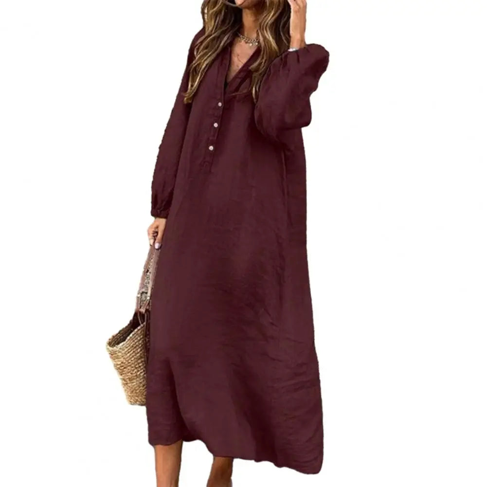 Stylish Button-breasted Dress for Women Elegant V-neck Cotton Linen Dress with Long Sleeves Button Decoration for Summer Ladies