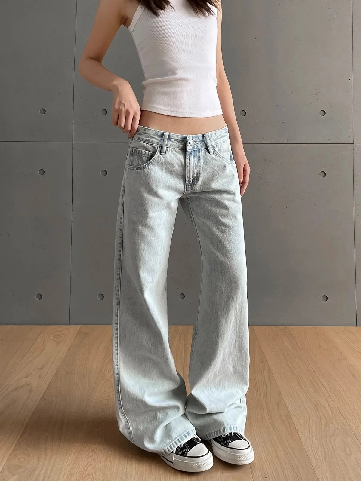 y2k Vintage Women Jeans Low Waist Zipper Button Solid Trousers with Pockets Aesthetic Streetwear Washed Jeans