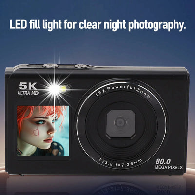 Digital Camera CCD Dual Screen Portable Digital Camera with18X Zoom 5K Vlogging Camera 80MP CCD Selfie Camera with 64GB Card