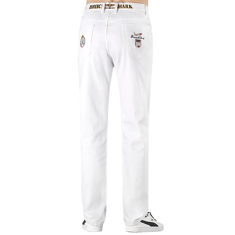 2024 New Summer White Jeans for Men Bruce&Shark  Designer Luxury Men's Jeans Loose Fit Stretch Cotton Casual Fashion Big Size 42