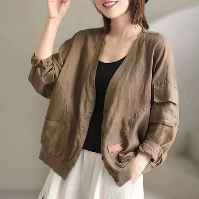 Fashion Cotton Linen Short Jacket For Women Spring Autumn New  Retro Loose V-Neck Thin Casual Top Coat Sunscreen Clothing