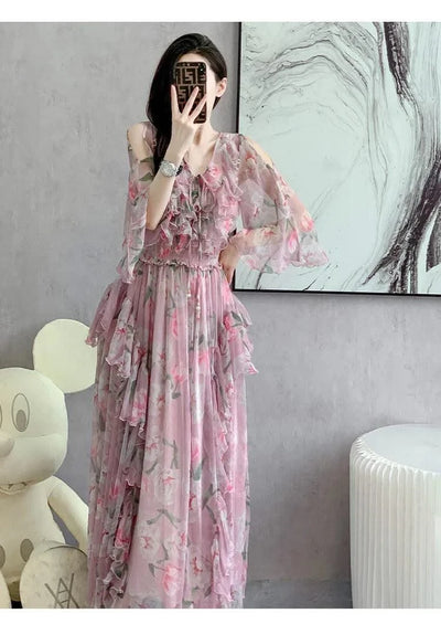 Women Sexy Off Shoulder V Neck Floral Print Dress Summer Gorgeous Flower Pink Chiffon Cascading Ruffles Evening Party Prom Robe