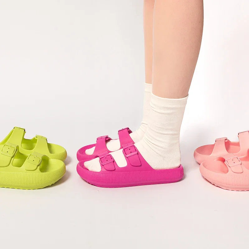 Women's Slippers Fashion Thick Sole Double Buckle Sandals Men Pool Beach Garden Quick Dry Open Toe Indoor Outdoor Shoes