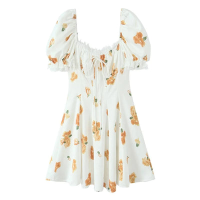 Summer Dresses 2025 Women French Style Floral Print Puff Sleeve Dress Lace Trim A-line Short Elegant Sundress Chic Lady Robe