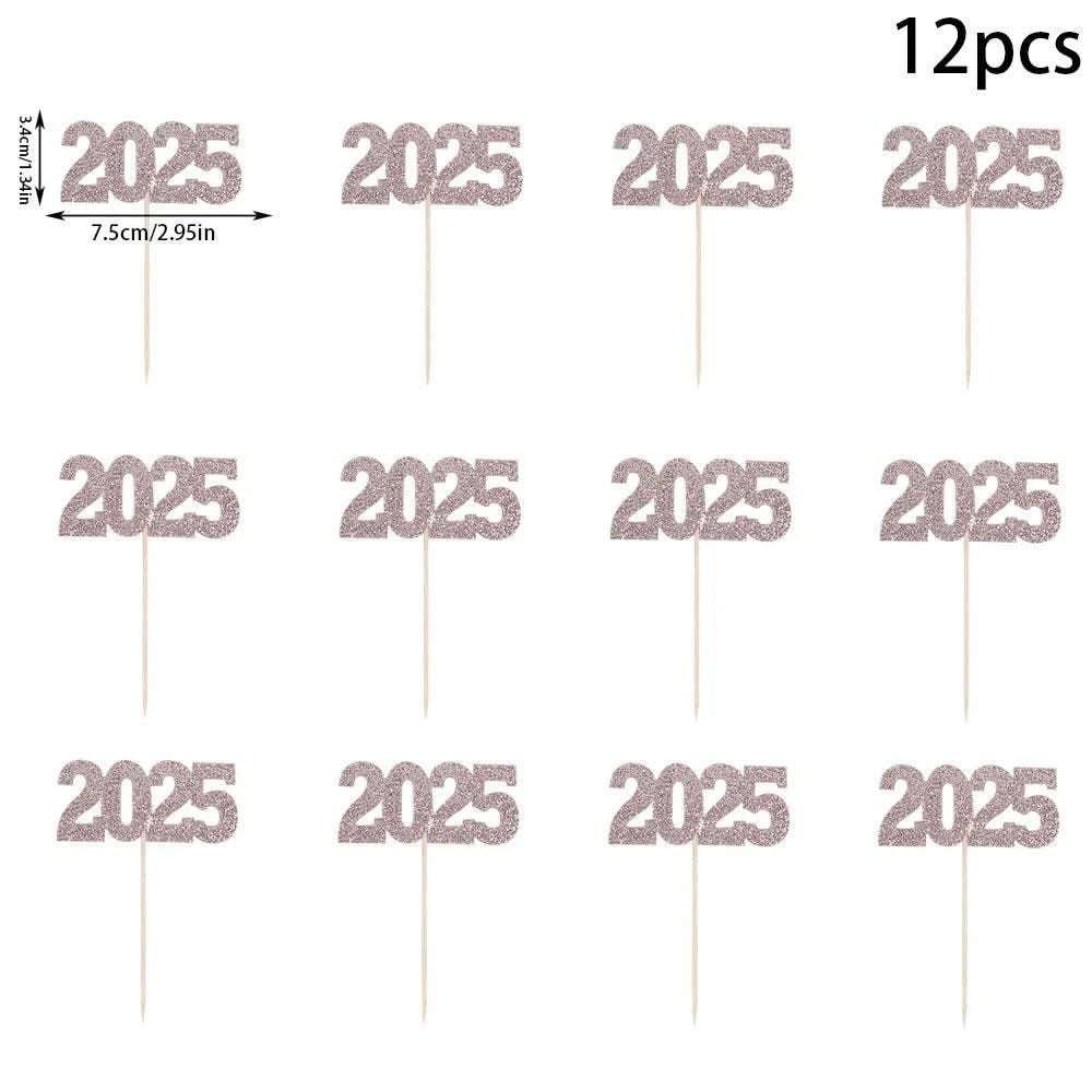 12pc Glitter 2025 Number Cupcake Toppers Happy New Year Party Cake Decoration Christmas Graduation Party Cake Toppers Home Items