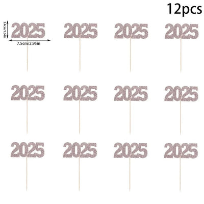 12pc Glitter 2025 Number Cupcake Toppers Happy New Year Party Cake Decoration Christmas Graduation Party Cake Toppers Home Items