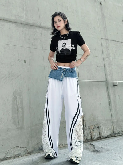 Wide Leg Pants Women Floor Length Patchwork Lace Denim Stripe Print High Waist Multiple Pockets 2025 Streetwear Cargo Trousers