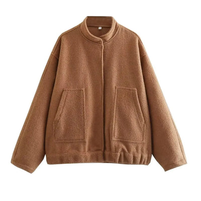 Woman's Oversized Bomber Jacket Autumn New Round Neck Long Sleeve Pocket Hidden Button Loose Jackets Coat Female Outerwear