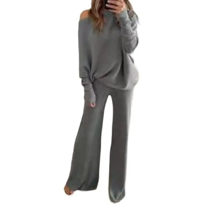 Autumn Winter Fashion 2pcs Suits 2024 Women Outfits Slanted Neck Off Shoulder Top Wide Leg Pants Two-piece Set Women Tracksuits