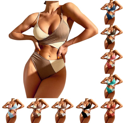 Summer Ladies Sexy High Waist Print Two Piece Bikini Sets Biquini Women Swimsuit Clothing Set Color Block Mujer Swimwear Suits