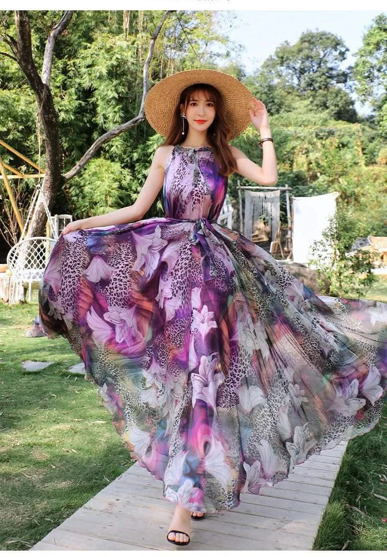 2023 New Floral Summer Sleevelss Suspender Maxi Dress for Women Sexy Backless Beach Purple Boho Robe Femme Sundress Dress Photo
