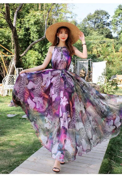 2023 New Floral Summer Sleevelss Suspender Maxi Dress for Women Sexy Backless Beach Purple Boho Robe Femme Sundress Dress Photo