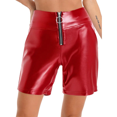 Womens Metallic Shiny Biker Tights Shorts High Waist Front Zipper Pockets Bodycon Short Leggings Motor Riding Dance Shorts