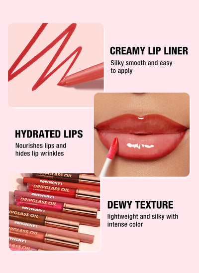 12PCS Retro Lip Set 6 Lipliner 6 Dripglass Oil Matte Shiny Long Lasting Makeup Kit Cosmetics Beauty Essentials