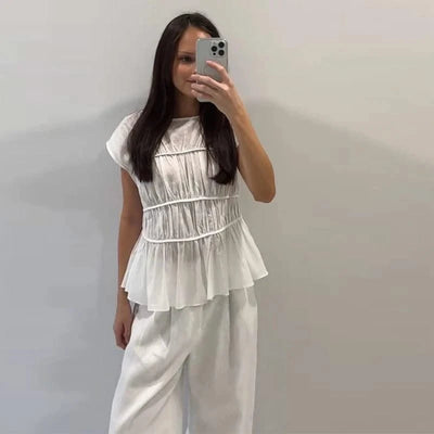 Women Cotton Linen Sleeveless Blouse Round Neck Pleated Top 2025 Spring Summer New Lady O-Neck Solid Color Shirt