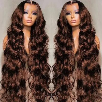 200 Density 13x4 HD Chocolate Brown Body Wave Lace Front Wig Human Hair Pre Plucked #4 Brown 13x6 Transparent Lace Frontal WigS