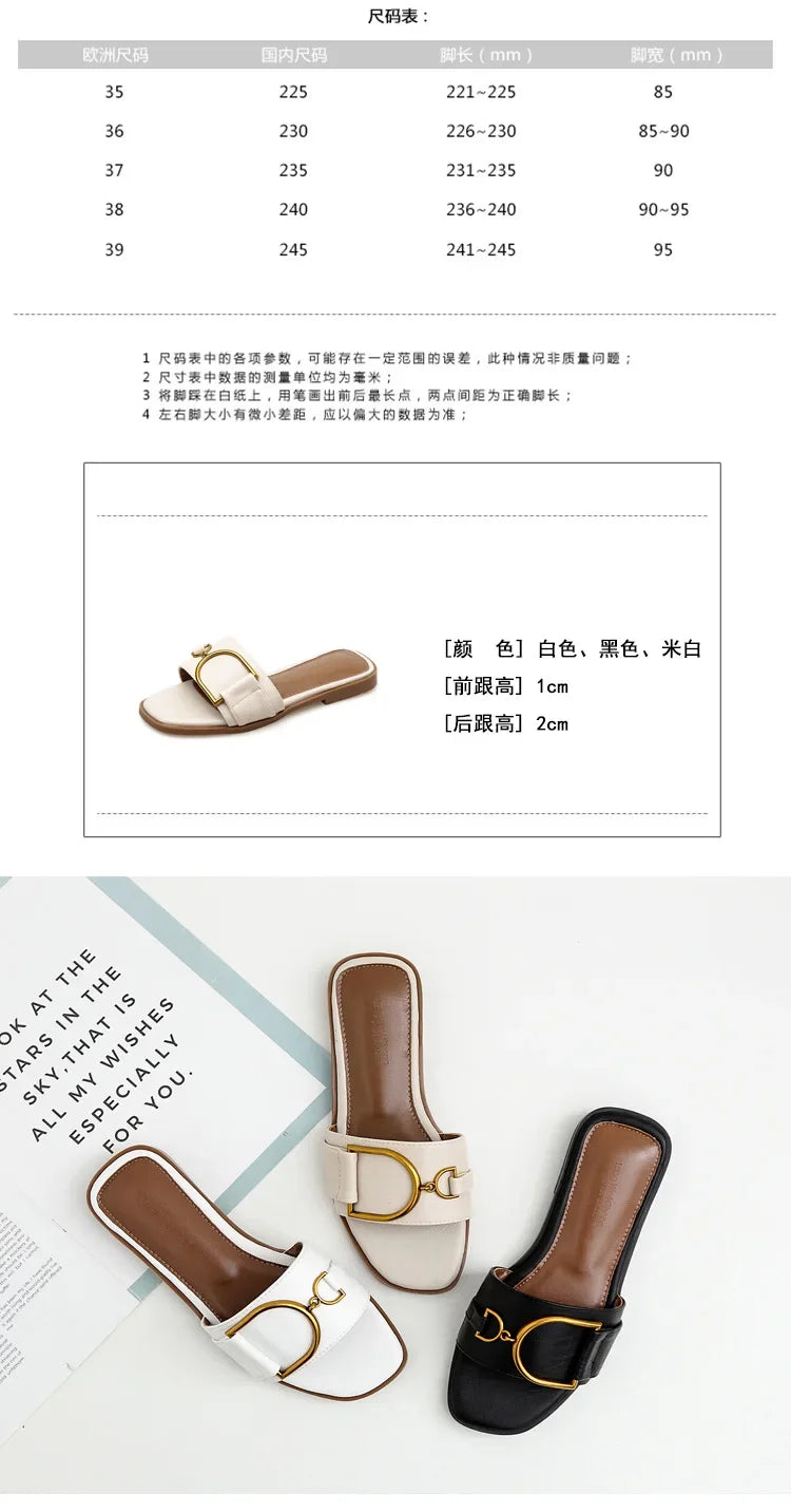 Summer Women Slippers Leather Square Toe Women Flats Flip Flops Designer Ladies Slides Sandals Women Shoes Luxury Sandals