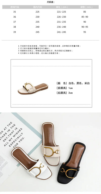 Summer Women Slippers Leather Square Toe Women Flats Flip Flops Designer Ladies Slides Sandals Women Shoes Luxury Sandals