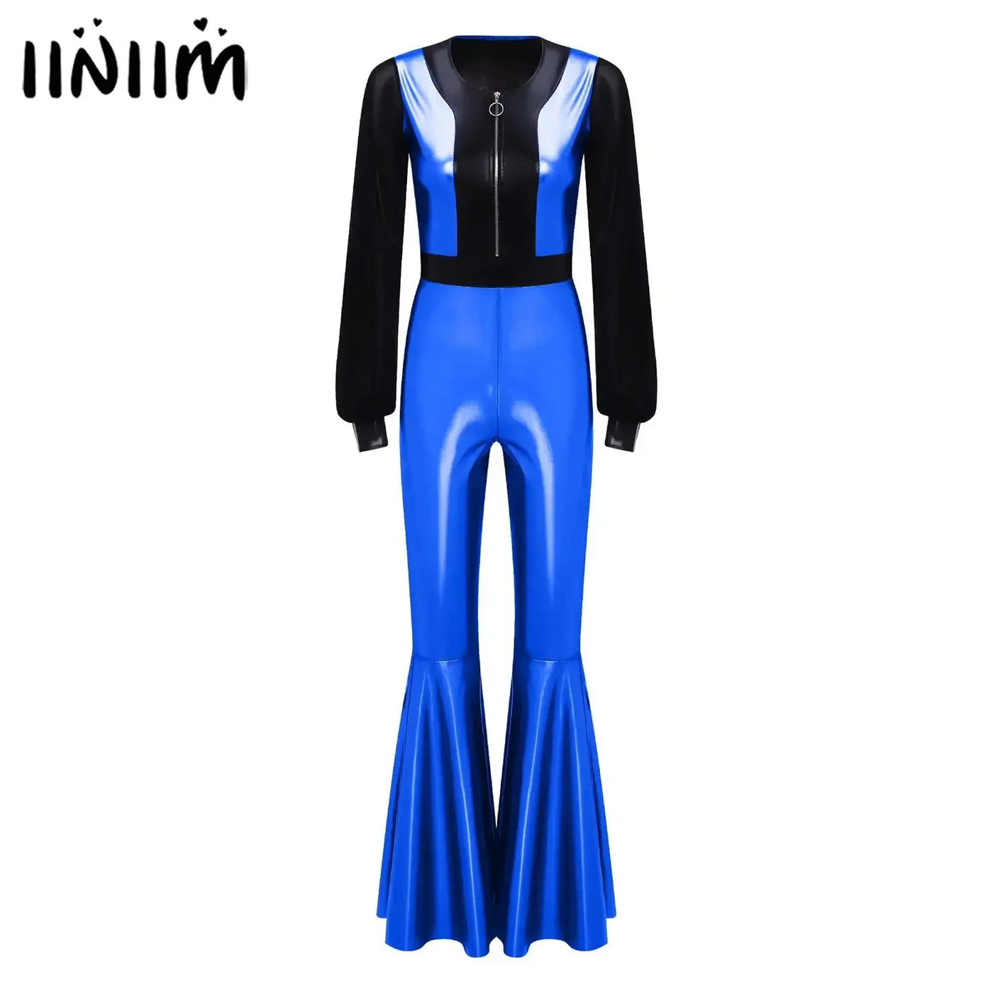 Womens Vintage 70s 80s Disco Dance Jumpsuit Mesh Long Sleeve Bell Bottom Pants Metallic Shiny Rompers Bodysuit Halloween Costume