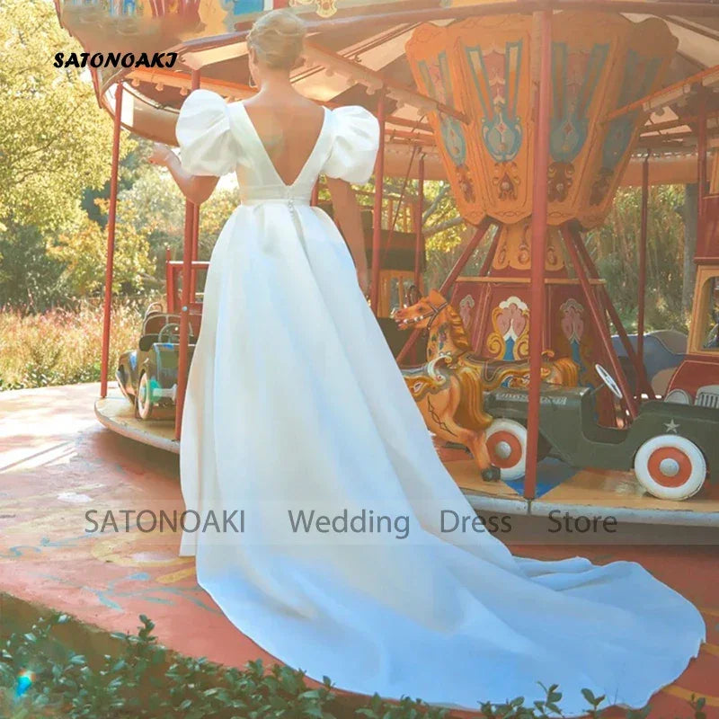 Customized Elegant V-Neck Satin Sheath Short Wedding Dress for Bride Puff Sleeves Bridal Gowns Backless Party Vestidos De Novia