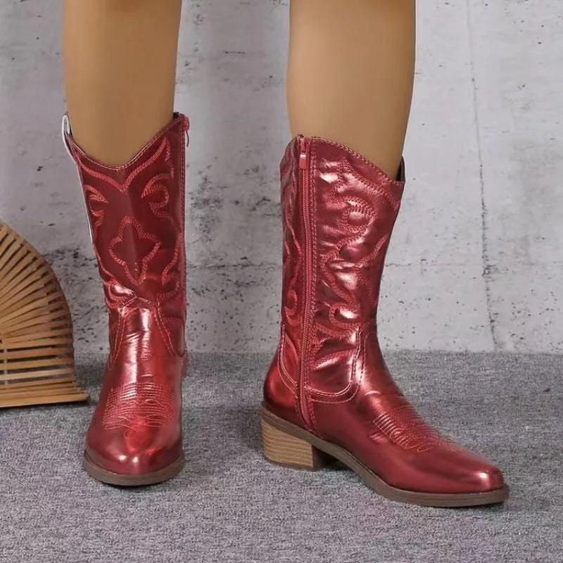 Women's Boots Fashion Pointed Toe Leather Boots Retro Embroidery Western Cowboy Boots for Women Thick Soled Mid-calf Boot Botas