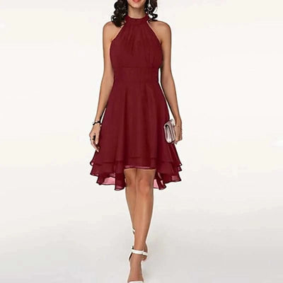 Women Elegant Dress Summer Solid High Waist Halter Sleeveless Midi Dresses Ladies Cropped Layered Chiffon Party Slim Dresses
