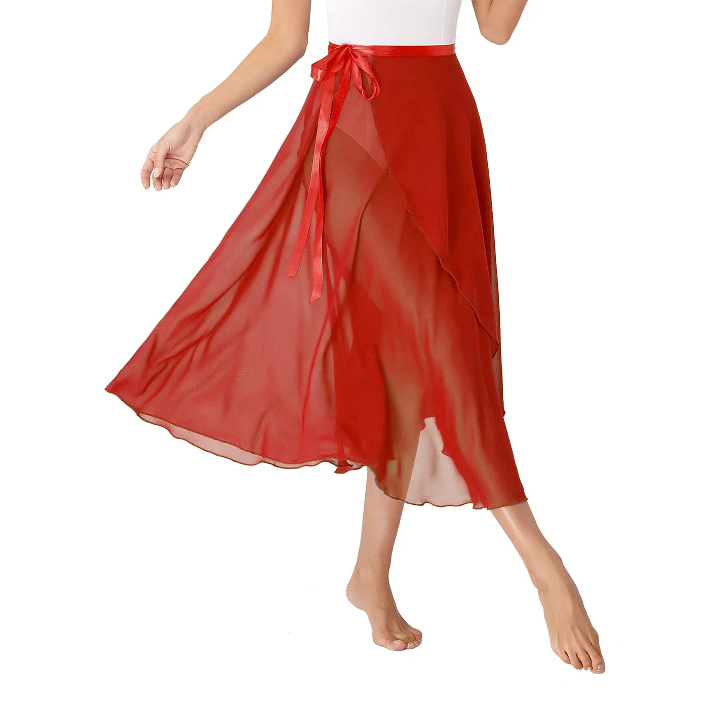 Womens Chiffon Lace-Up Flowy Skirt Ballet Modern Dance Training Costume Summer Solid Color High Waist Boho Midi Skirts Elegant