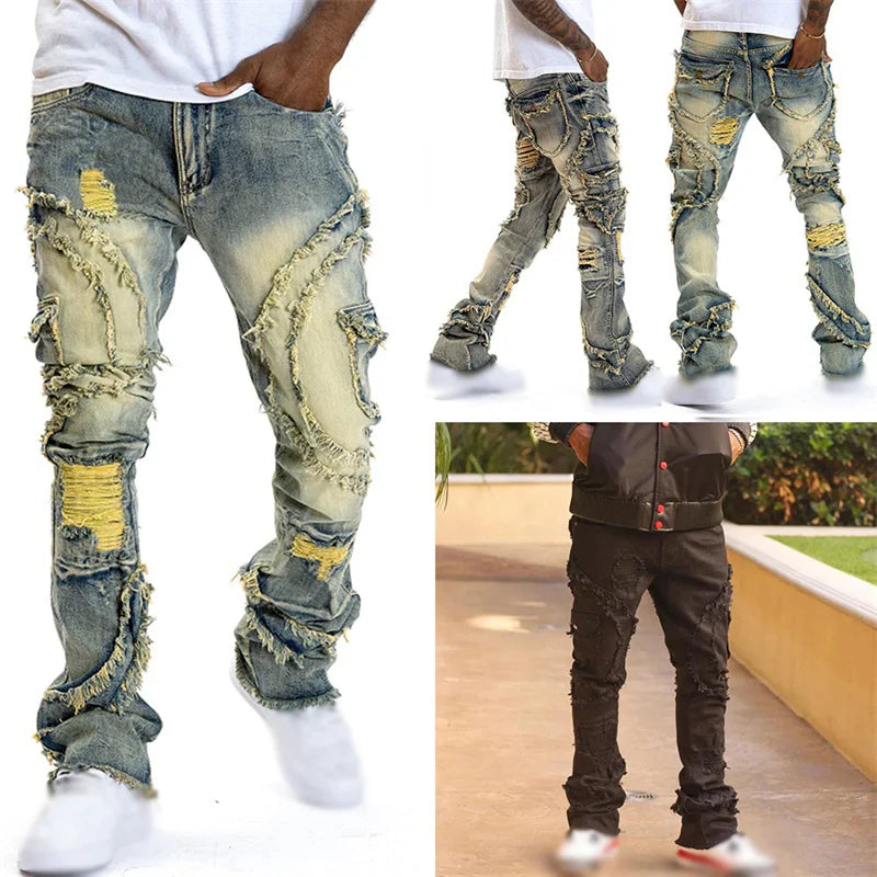 Men's Spring Autumn Casual Denim Pants Ripped Multi Pockets Slim Fit Jeans Trousers for Streetwear Punk Trendy Fashion Retro