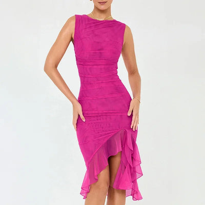 Wefads Women Maxi Dress Summer Elegant Solid Sleeveless Nipped Waist Slim Backless Ruffled Irregular Party Dresses Streetwear
