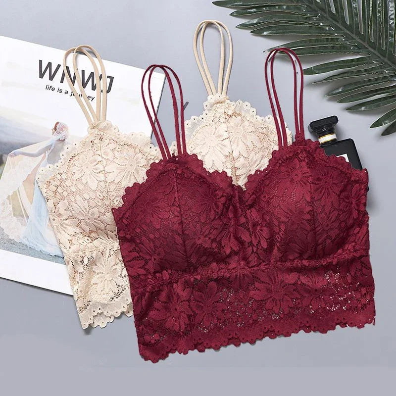 Women's Lace Bra Sexy Hollow Out Flower Underwear Bralette Wireless Push Up Breathable Strap Padded Vest Lingerie