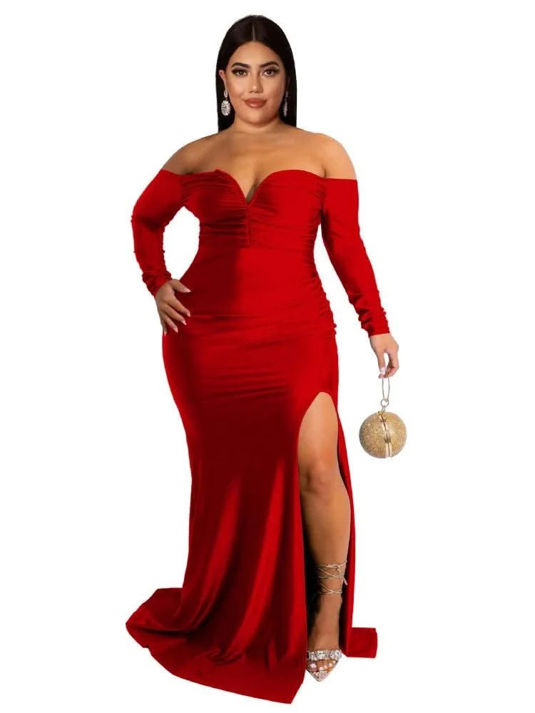 Wmstar Plus Size Party Dresses for Women Off Shoulder V Neck Slip Hem Elegant Full Length Maxi Dress Wholesale Dropshipping 2022