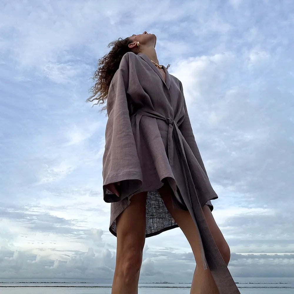 Elegant Cotton Linen V-neck Beach Dress 2025 Spring and Summer Women Fashion Soft Comfortable Loose Lace Vacation Casual Dress