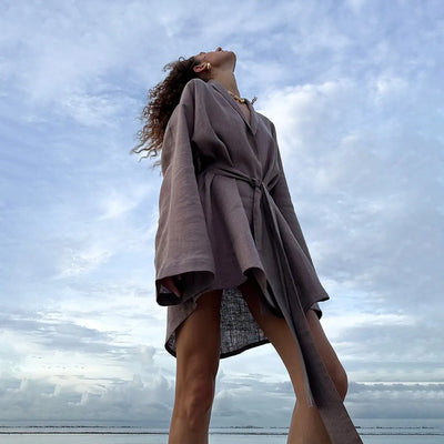 Elegant Cotton Linen V-neck Beach Dress 2025 Spring and Summer Women Fashion Soft Comfortable Loose Lace Vacation Casual Dress