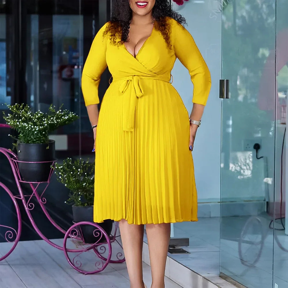 Elegant Office Dresses for Women Professional V Neck Full Sleeve Sashes Pleated Mid Calf Formal Business Work Wear Dress Midi OL