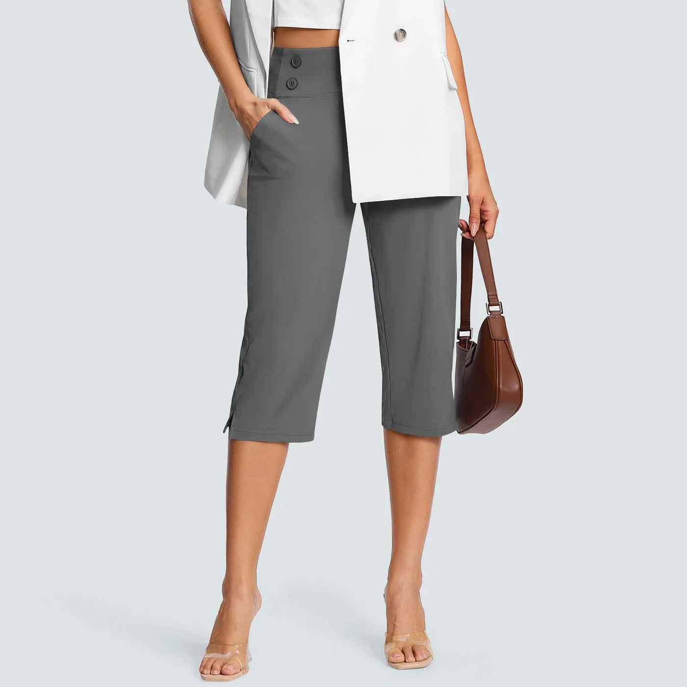 Women Elastic High Waist 3/4 Pant Casual Active Fit Wide Capris Leg Pants Trousers With Pockets Pants Woman брюки женские
