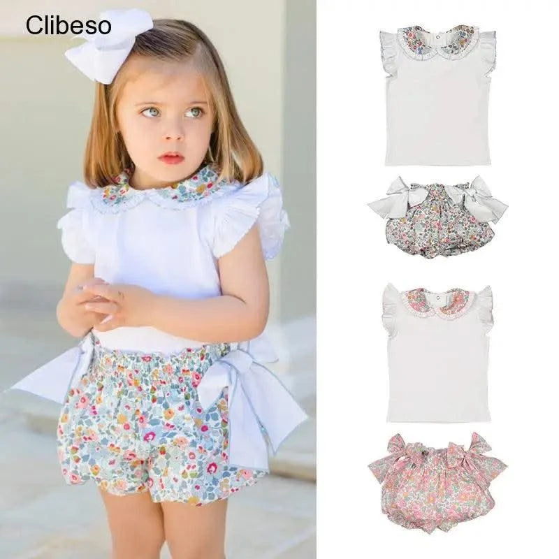 Summer Clothes Set for Baby Girls Kids Kawaii Vest Tops and Floral Printed Butt Pants Children Korean Style Casual Playwear