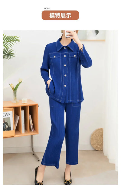 Wrinkle fashion casual suit for women high-end and casual loose fit plus size shirt collar top straight leg pants [20240514]