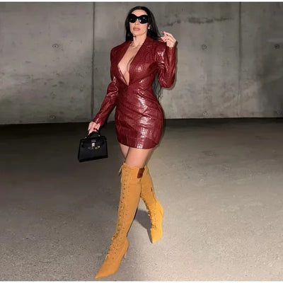 Sexy Pu Leather Women Maxi Dresses Fashion Sleeveless Backless Pleated Hip Package Female Robe Chic Ladies Party Evening Dress