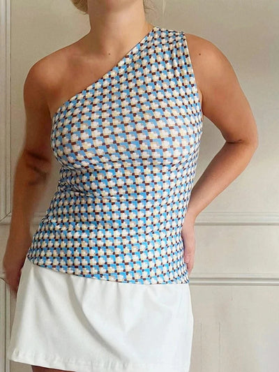 Women's One Shoulder Tops Slim Flower Print Slash Neck Backless