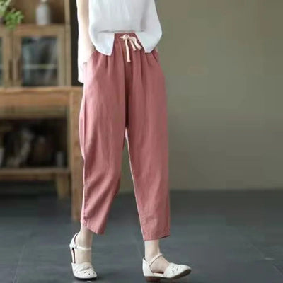 2024 Spring Summer Cotton Linen Pants Women Solid Color Casual Ankle-length Pant Woman Lace-up Waist Loose Trousers