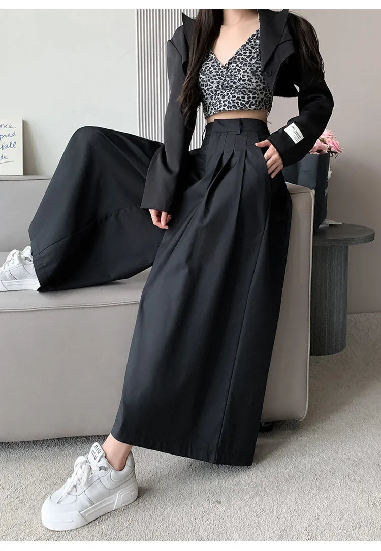 Oversize Wide Leg Pants For Women Gathered Waist Spliced Ruched Casual Solid Long Trousers Female Clothing Summer